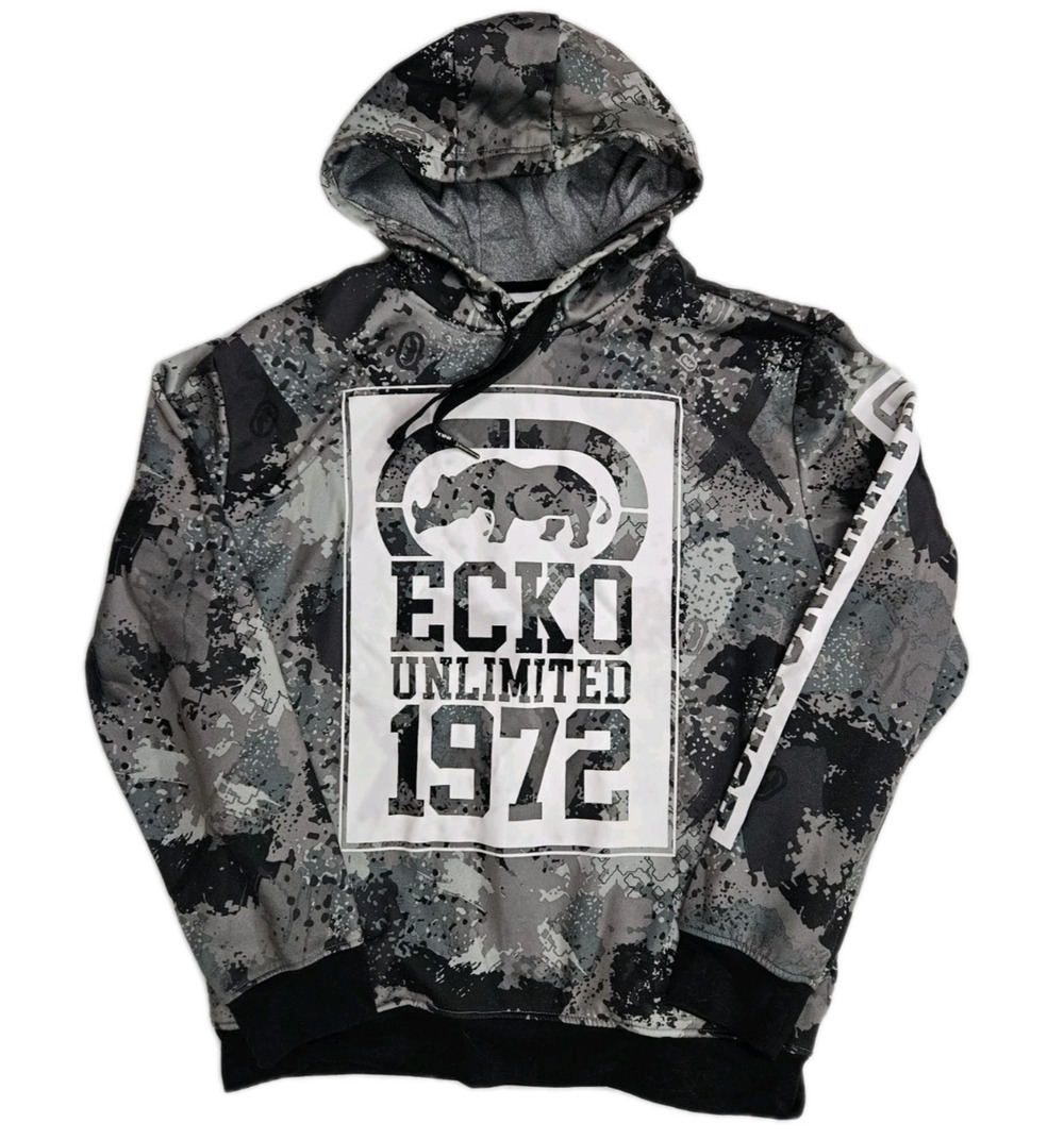 ecko unltd hoodie Men's Large Gray Camo Big Logo Graphic Y2K Skater